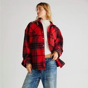 Free People Cabin Cozy Button Down Shirt Jacket Plaid Oversized Red Blac…